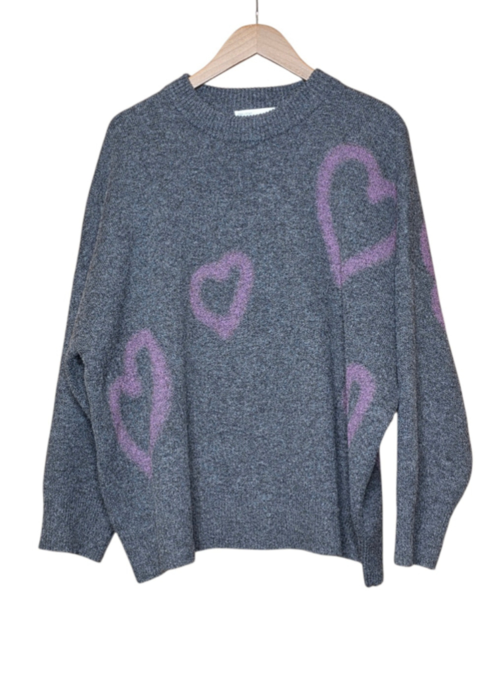 Graffiti Effect Heart Knit Oversized Crew Neck Sweater OAK + FORT Gray & Pink M